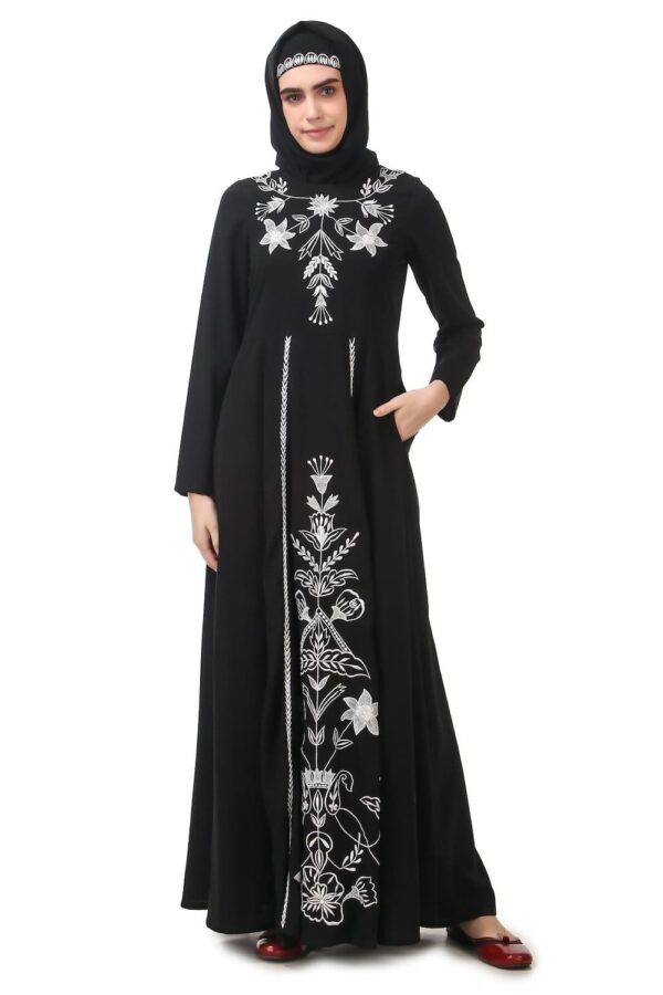 FANCY WHITE ON BLACK EMBROIDERY ANARKALI ABAYA