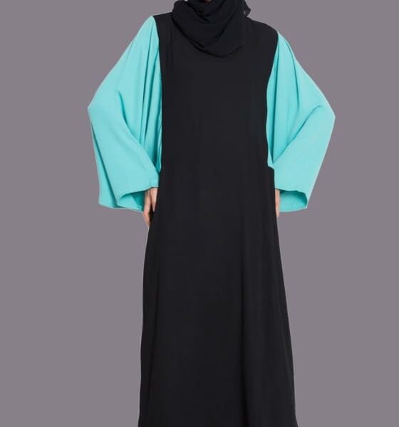 BLACK & AQUA CONTRAST SLEEVE CASUAL ABAYA