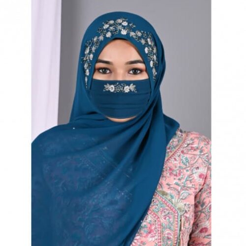 PAREEZA TEAL HANDCRAFTED HIJAB WITH MATCHING MASK