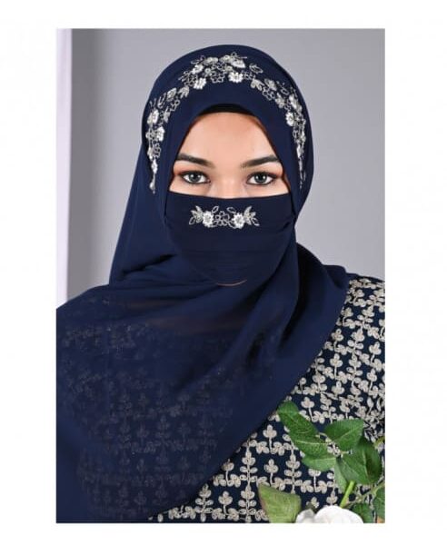 PAREEZA NAVY BLUE HANDCRAFTED HIJAB WITH MATCHING MASK