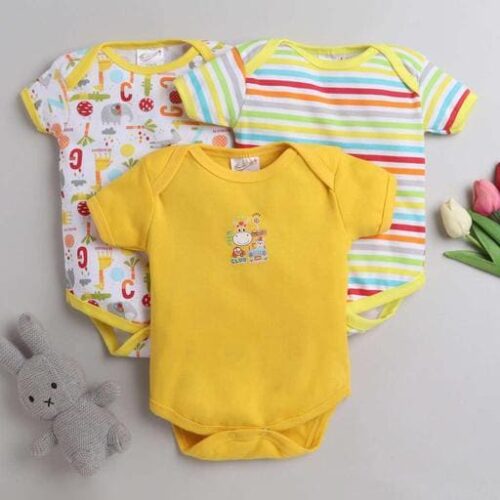 Girls Yellow Cotton Blend Oneseis & Rompers Pack Of 3