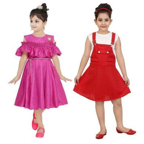 Girls Pink Polyester Frocks & Dresses Pack Of 2