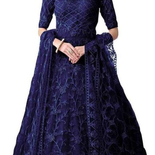 Net Semi Stitched Anarkali Gown (Dark Blue)