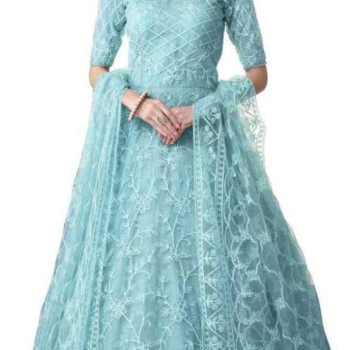 Net Semi Stitched Anarkali Gown (Light Blue)