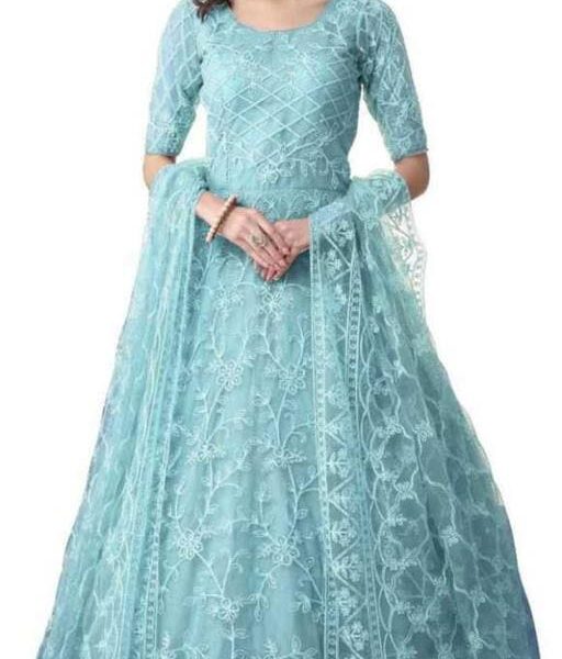 Net Semi Stitched Anarkali Gown (Light Blue)