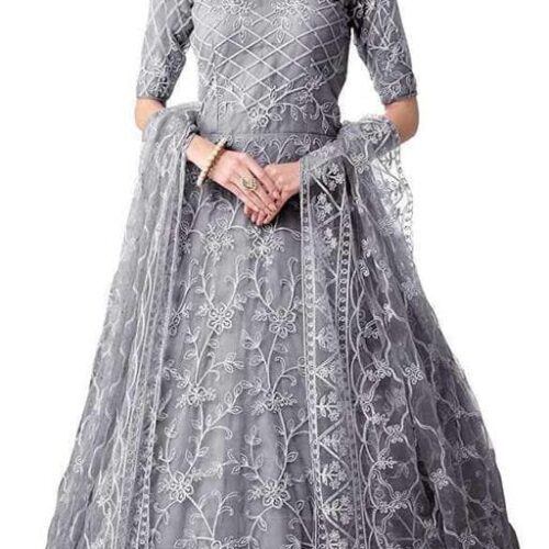 Net Semi Stitched Anarkali Gown (Grey)