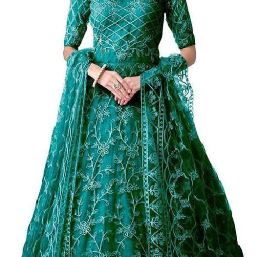 Net Semi Stitched Anarkali Gown (Dark Green)