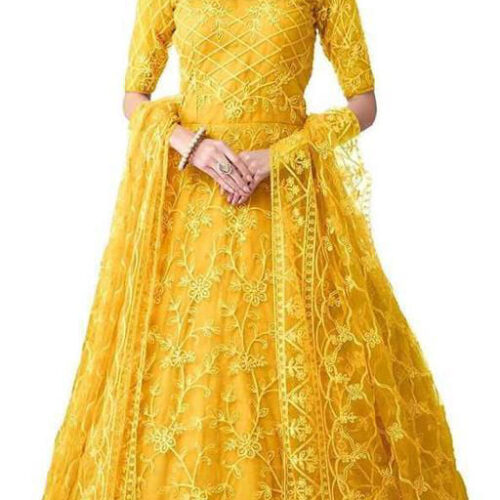 Net Semi Stitched Anarkali Gown (Yellow)